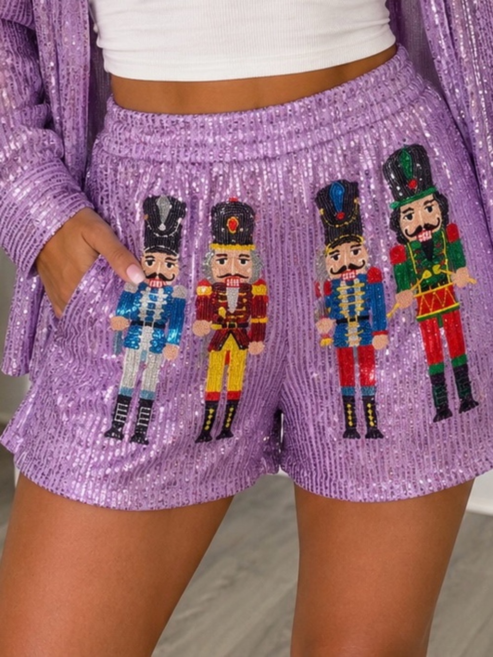 Lavender Sequin Nutcracker High-Waist Women’s Shorts